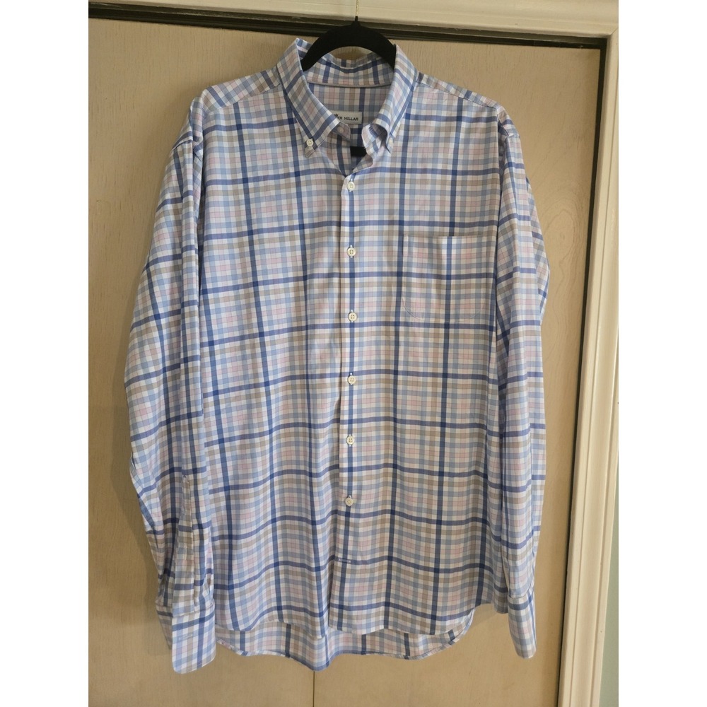 Peter Millar Crown Soft Shirt Mens Large Blue Pink Plaid Stretch Button Front
